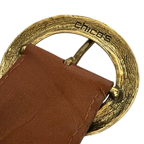 Chico's Macarthy Brown Woven Leather Belt Oversized Brass Buckle 45" Adjustable - Picture 4 of 11